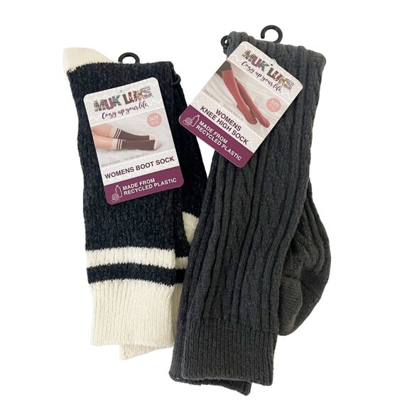 NEW Muk Luks Lot of 2 Socks Gray Women's Boot Socks Knee High Socks Cozy - Picture 1 of 3